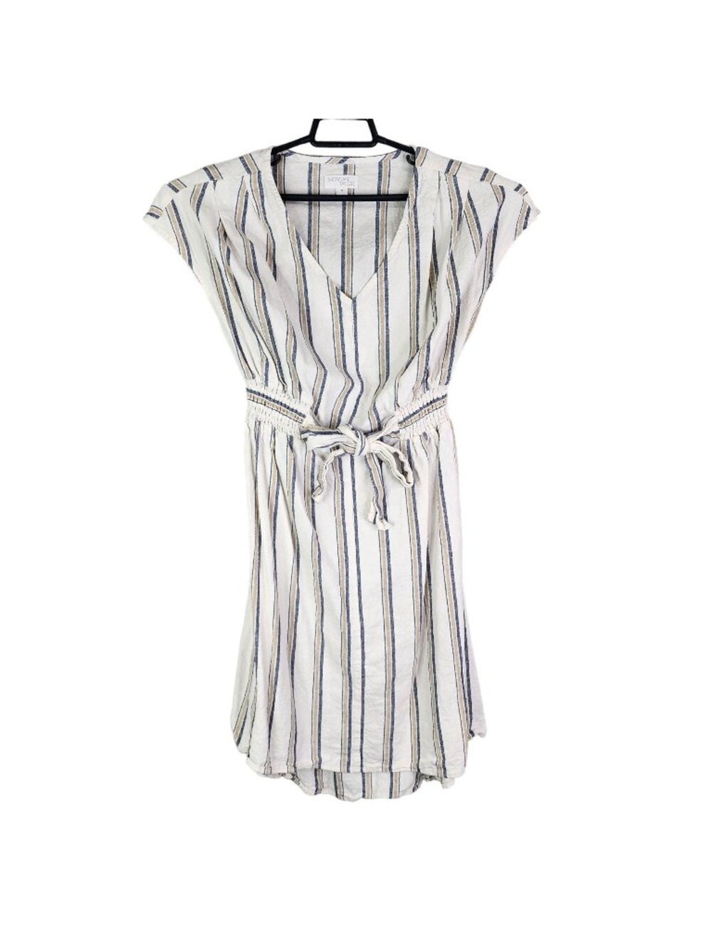 Womens Morgan Taylor Multicolor Striped Linen Blend Dress V-Neck Tie Waist M